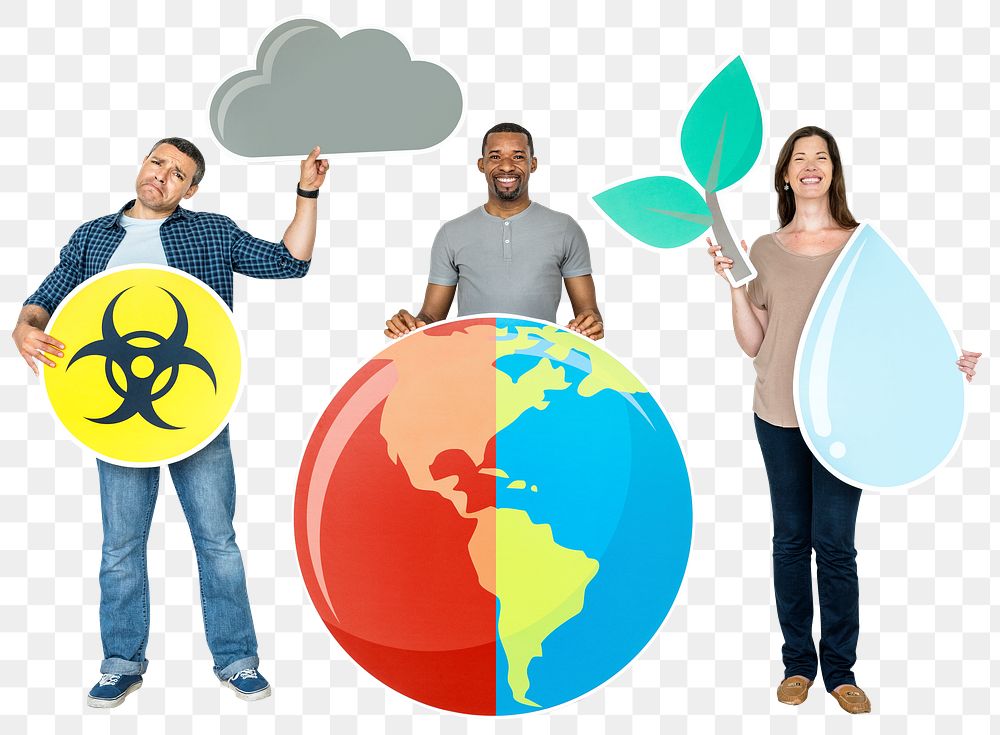 Global warming png sticker, diverse people holding icons, transparent background