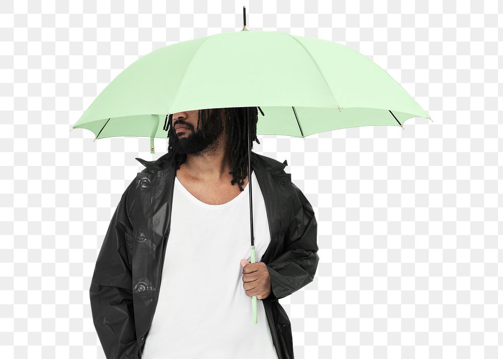 Man holding green umbrella png studio shot
