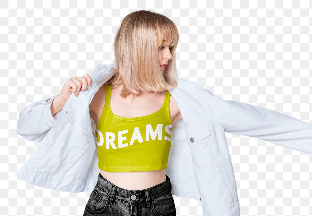 Png blonde girl mockup in green tank crop top streetwear shoot