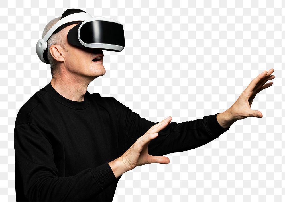 Mature man png mockup experiencing VR entertainment technology