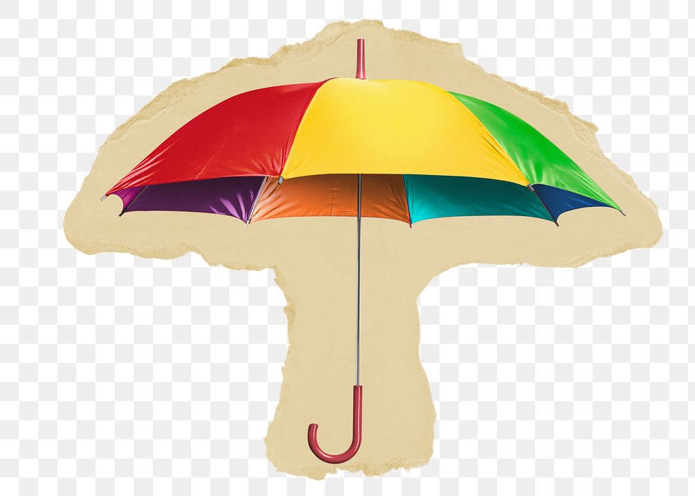 Rainbow umbrella png sticker, ripped paper, transparent background