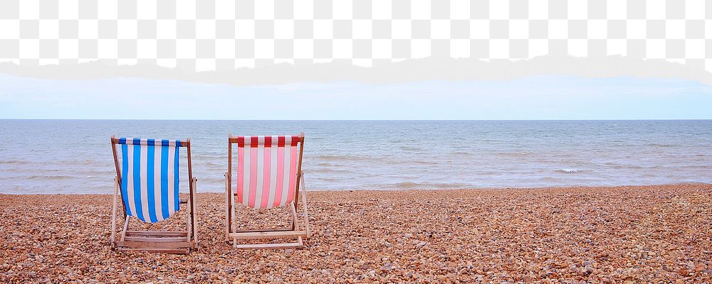 Beach chairs png border, torn paper design, transparent background