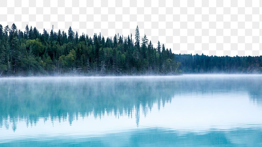 Pine forest lake png border, foggy nature image, transparent background