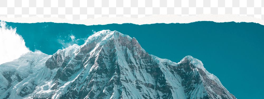Png snowy mountain border, torn paper collage, transparent background
