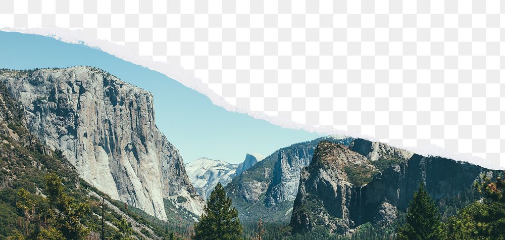 Yosemite mountains png border, torn paper design, transparent background