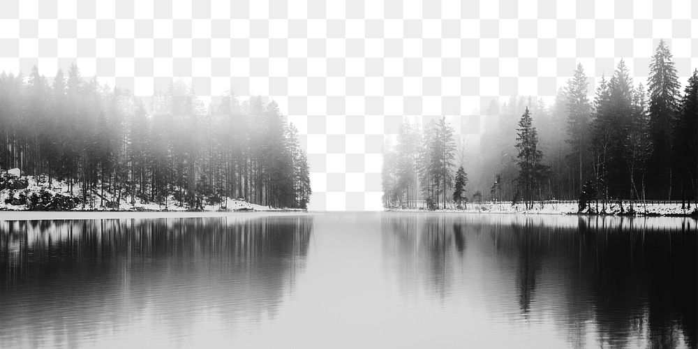 Foggy lake png border, pine forest in Winter, transparent background