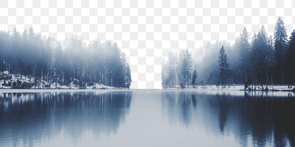 Foggy lake png border, pine forest in Winter, transparent background