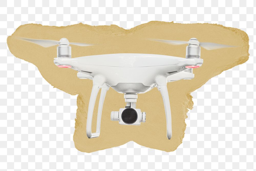 Flying drone png sticker, ripped paper, transparent background