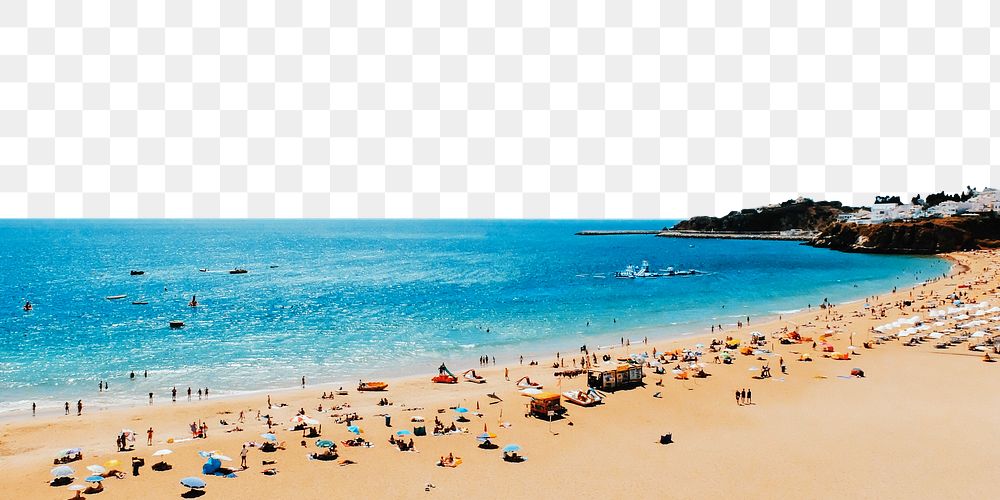 Crowded beach png border, Summer travel photo, transparent background