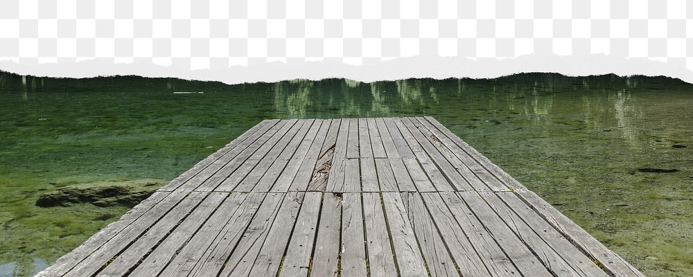 Jetty in lake png border, torn paper design, transparent background