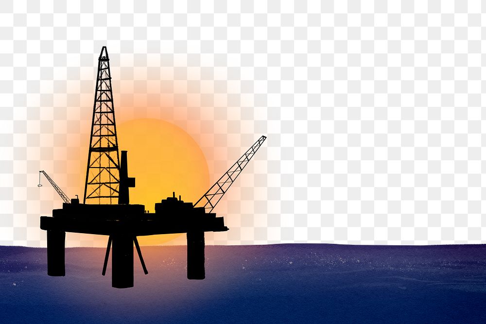 Sunset oil rig png border, transparent background