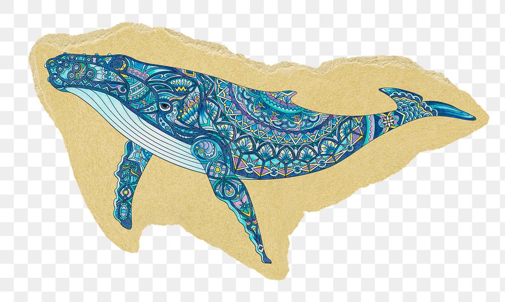 Mandala whale png sticker, ripped paper, transparent background