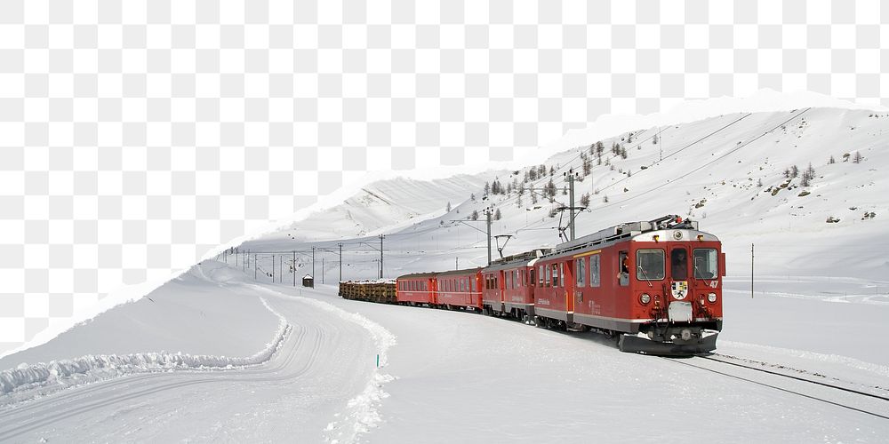 Winter train travel png border, torn paper design, transparent background