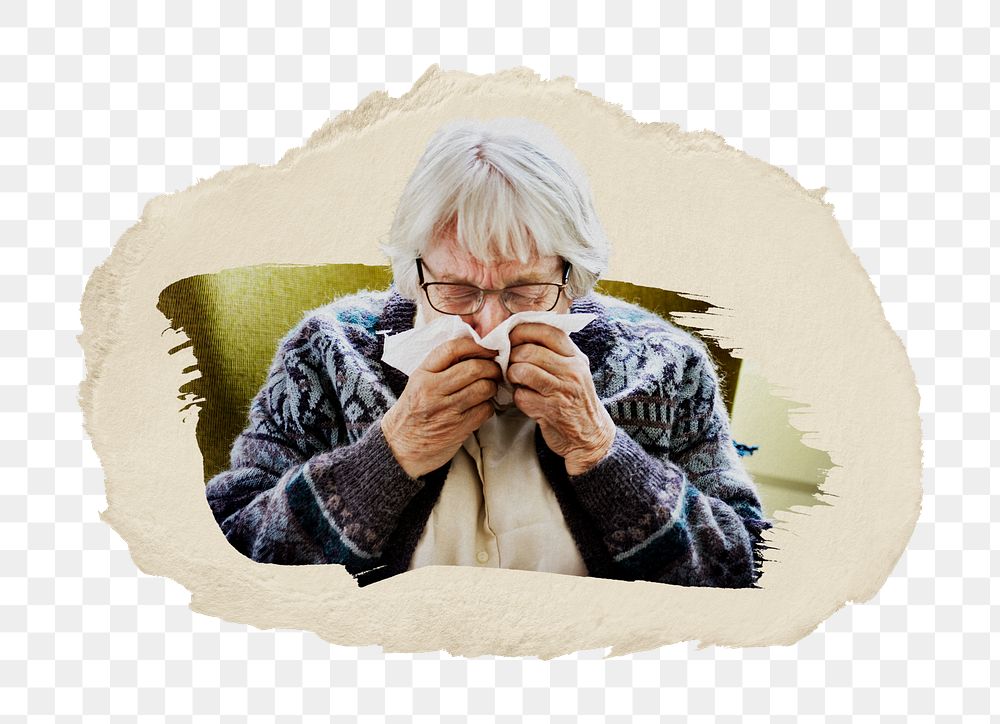 PNG Senior woman sneezing, collage element, transparent background
