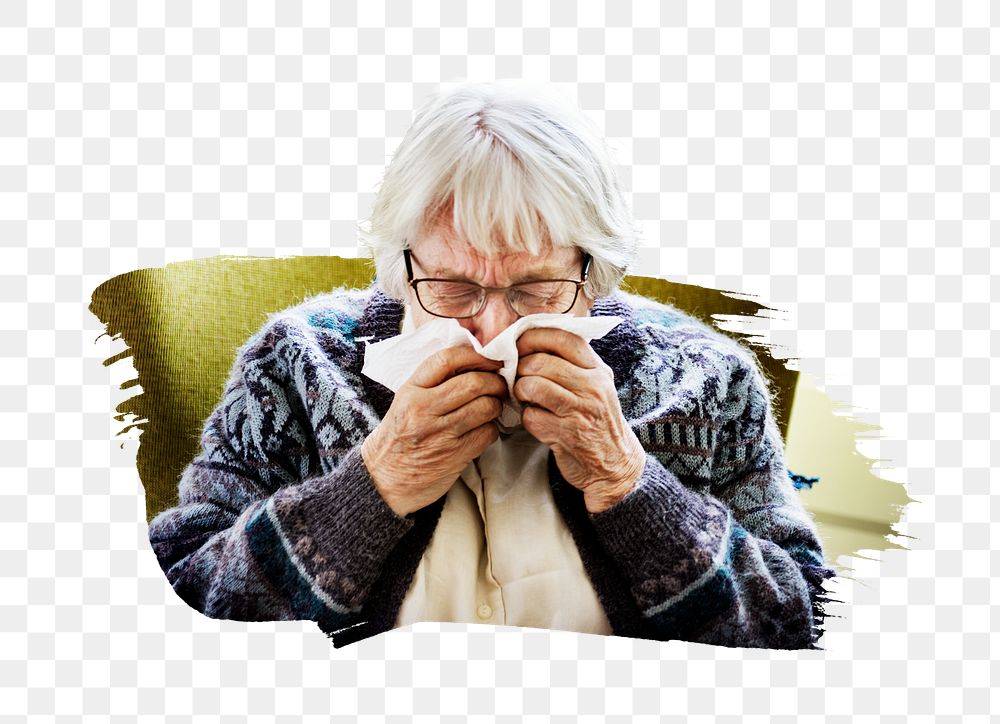 PNG Senior woman sneezing, collage element, transparent background