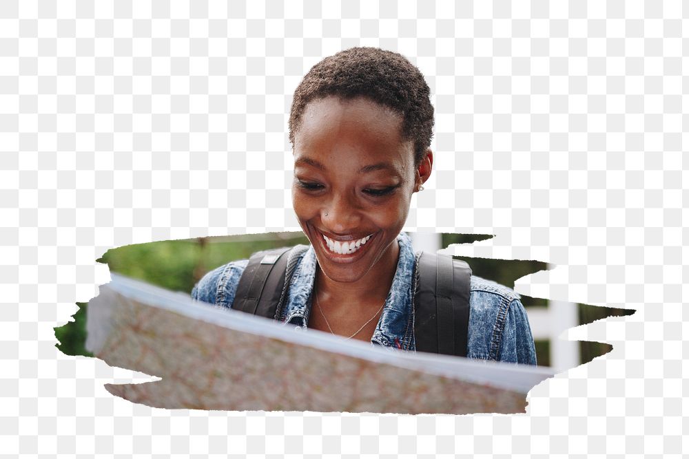 PNG African American woman looking at a map, collage element, transparent background