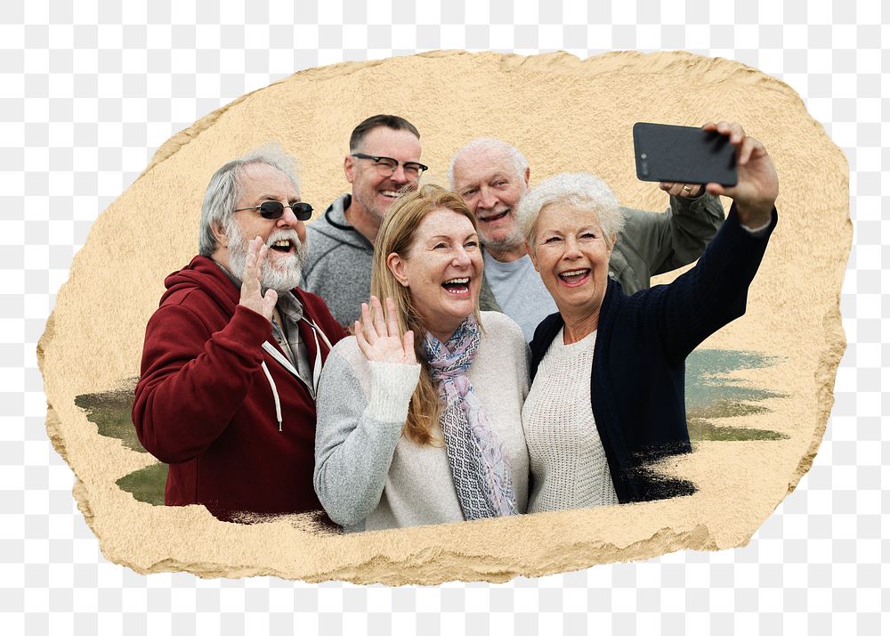 PNG Group of happy seniors taking a selfie, collage element, transparent background