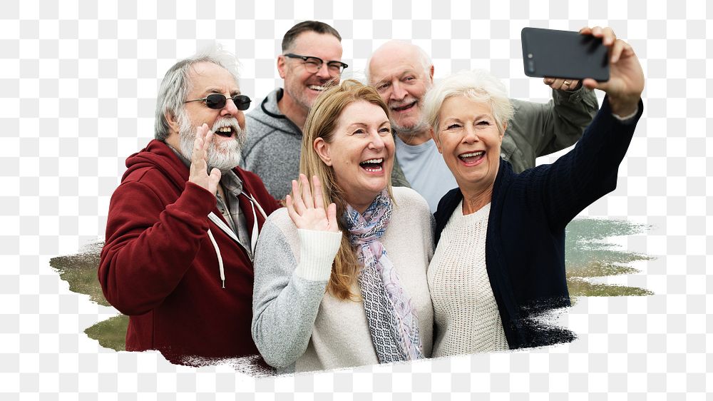 PNG Group of happy seniors taking a selfie, collage element, transparent background