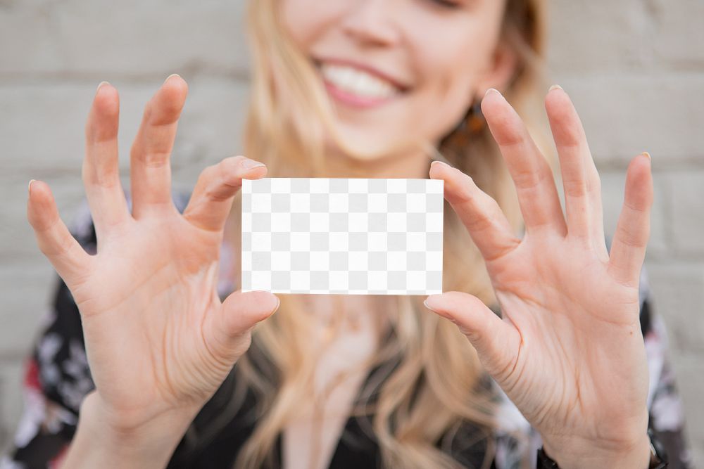 Business card png mockup, transparent design in woman's hand