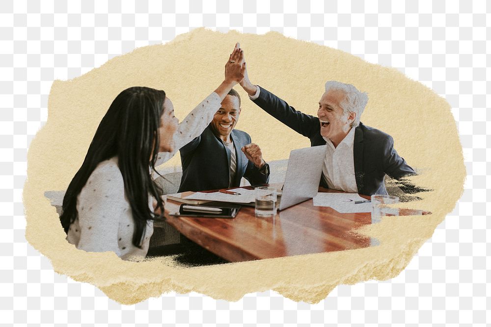 PNG Successful business people doing a high five, collage element, transparent background