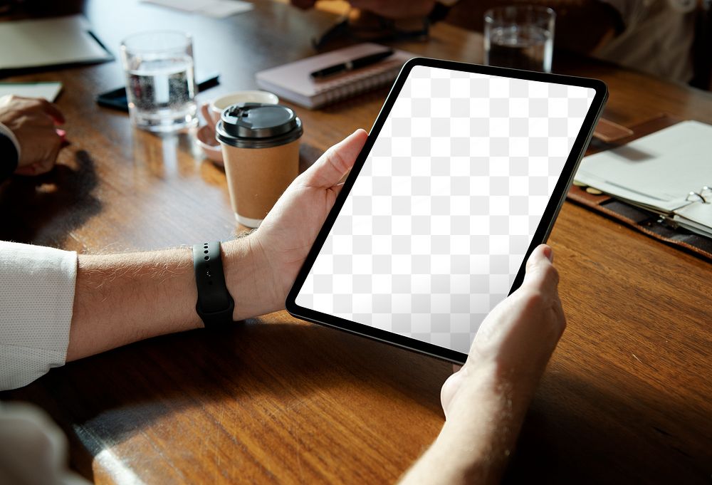 Tablet screen png mockup, man hands, transparent design