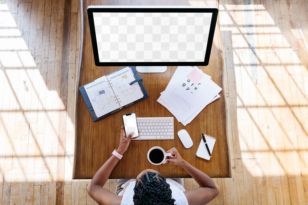 Computer screen png mockup, woman working from home, transparent design