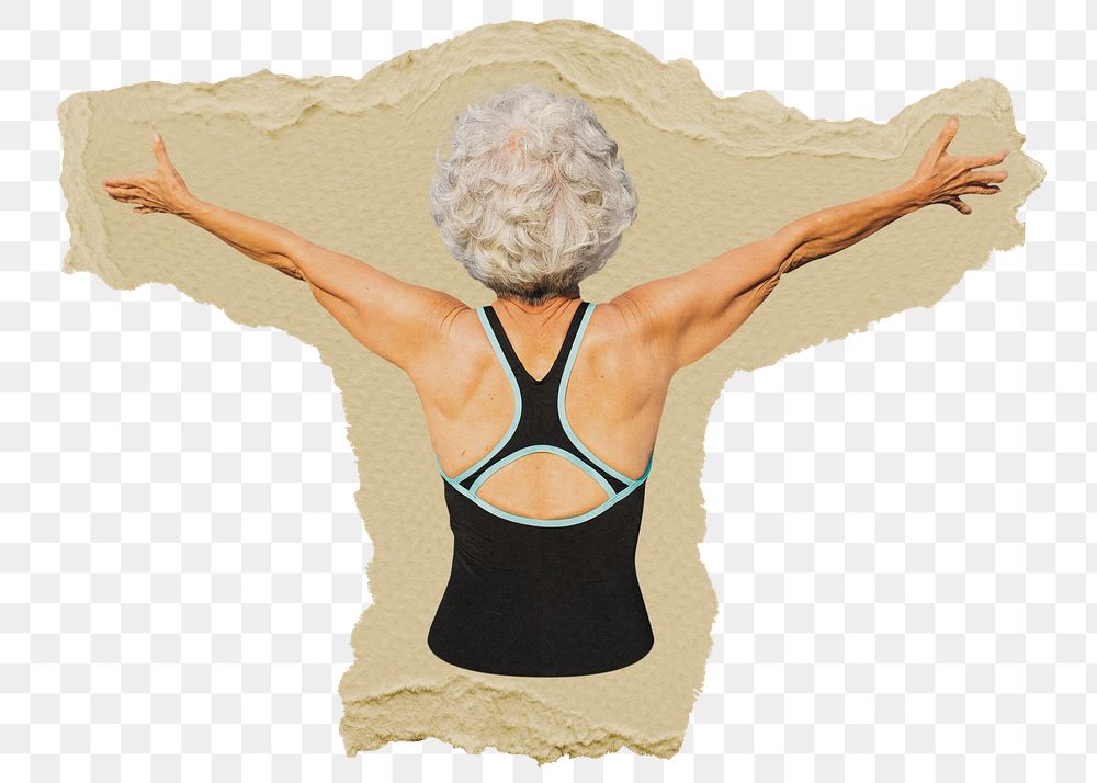 Carefree elderly woman png sticker, ripped paper, transparent background