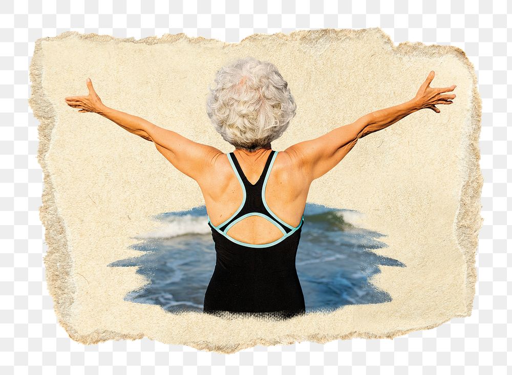 Carefree elderly woman png sticker, ripped paper, transparent background
