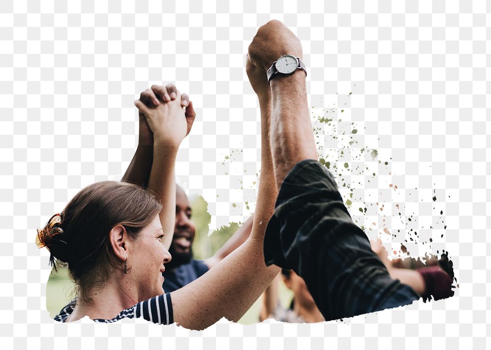 Diverse team cheering png sticker, transparent background