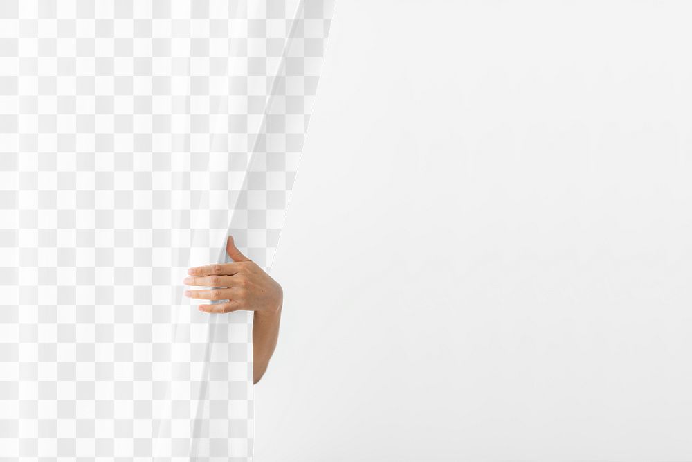 Curtain png mockup, woman hand, transparent design