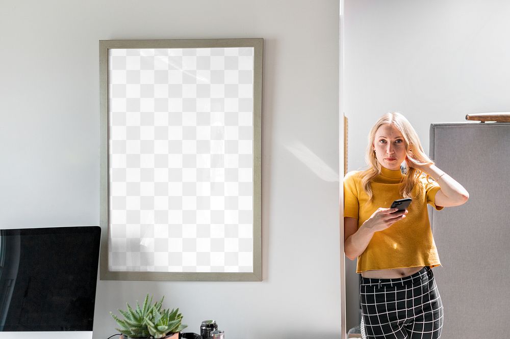 Picture frame png mockup, blonde woman standing, transparent design