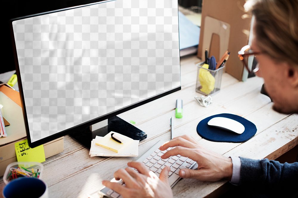 Computer screen png mockup, man working, transparent design