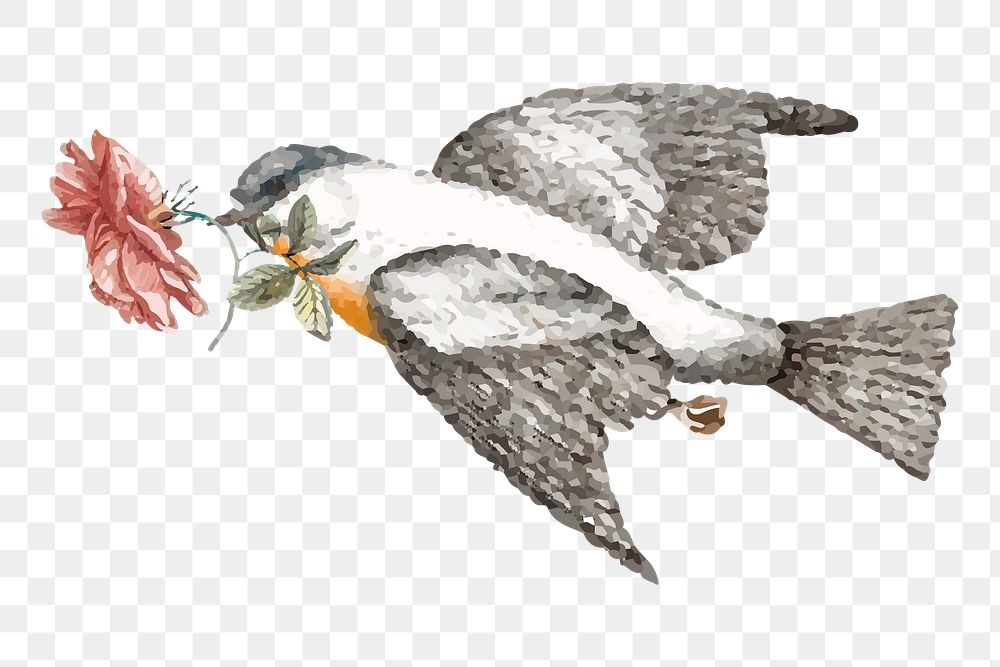 Png bird carrying flower sticker, Johan Teyler's art, remixed by rawpixel, transparent background