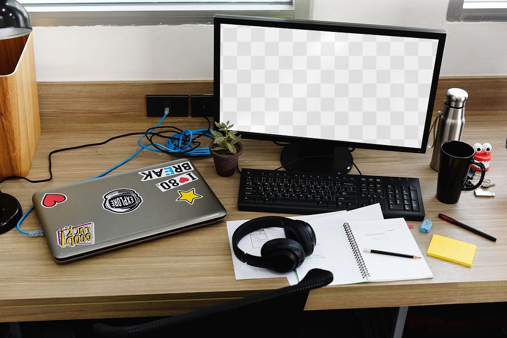 Computer screen png mockup, desk setup, transparent design