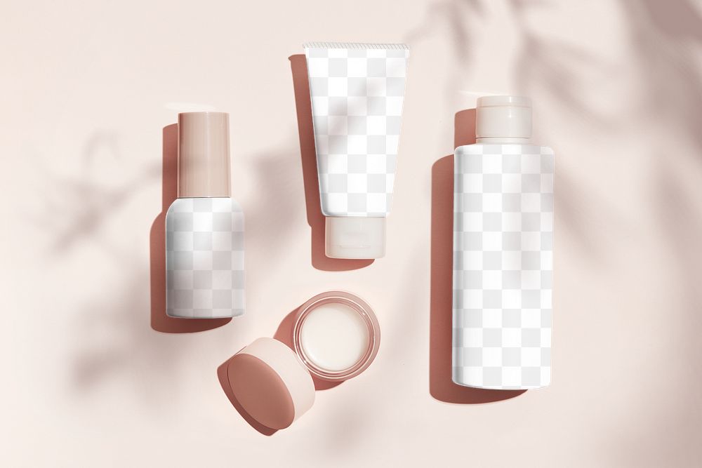 Beauty products png mockup set, editable skincare bottle, transparent design
