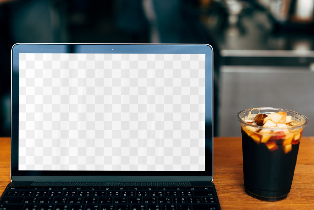 Laptop screen png mockup, coffee, transparent design