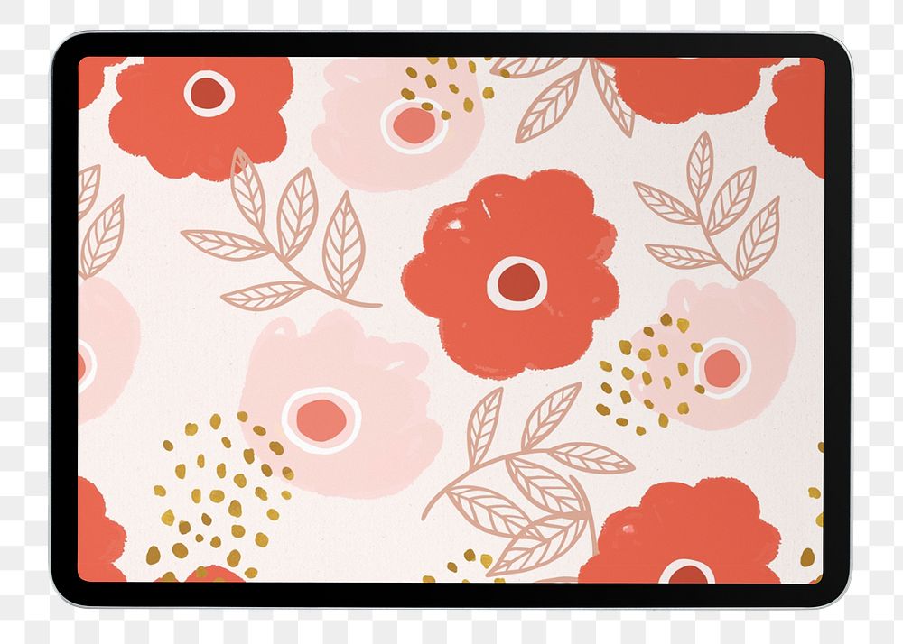 Png floral tablet screen sticker, transparent background