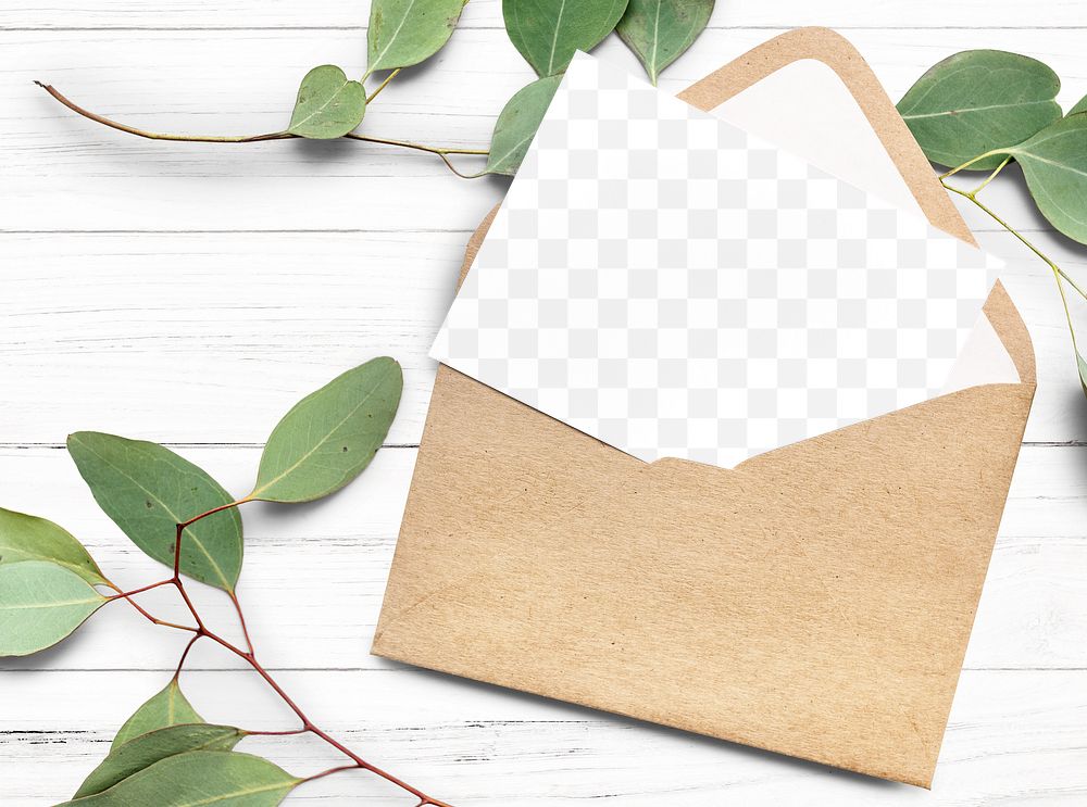 Business card png mockup, brown envelope, transparent design