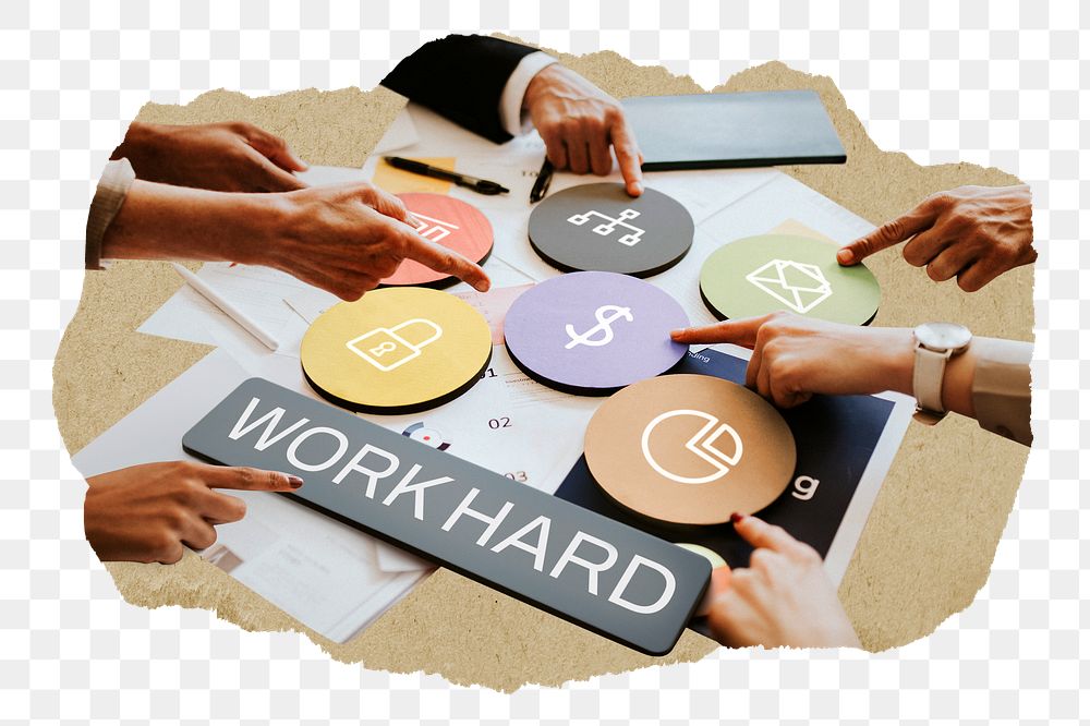 Work hard png word business people cutout on transparent background