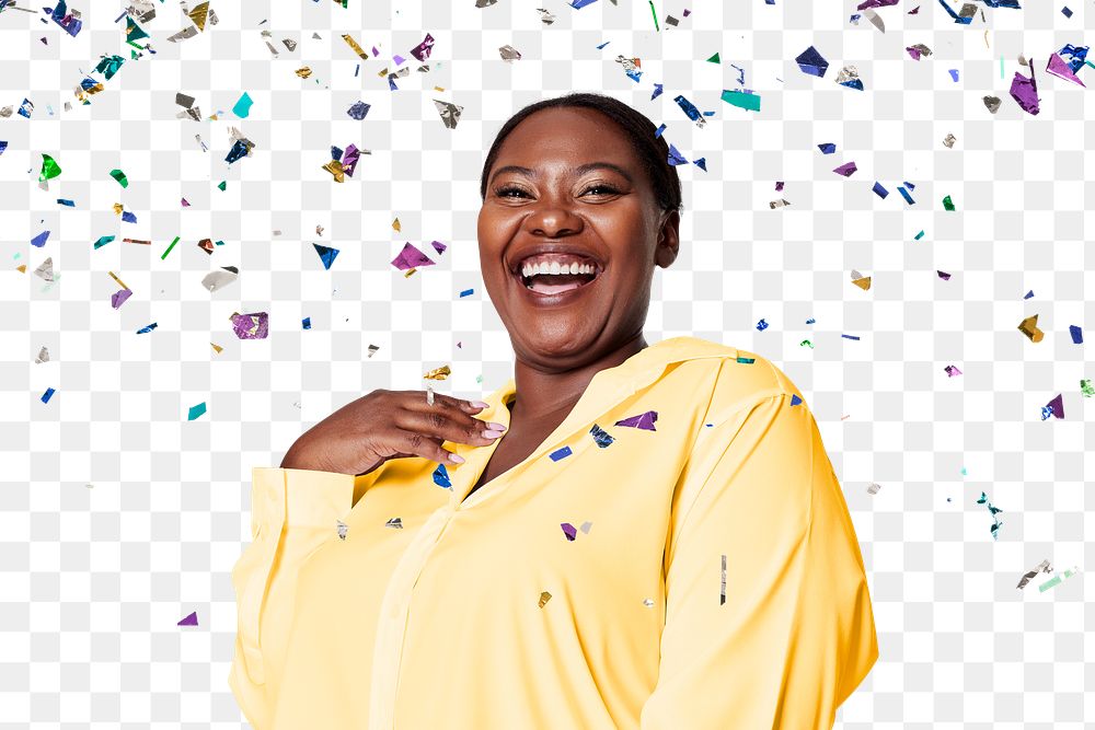 Happy black png woman, birthday celebration confetti, transparent background