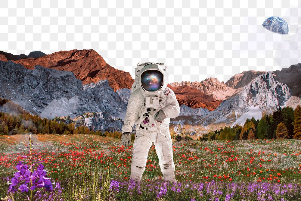 Astronaut in nature png border, remixed media, transparent background