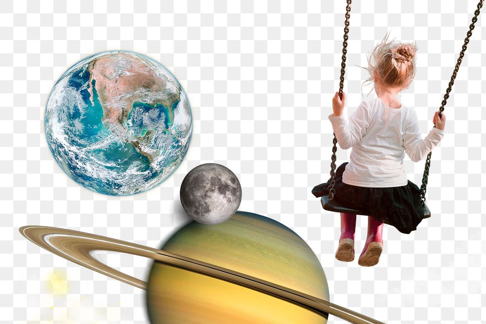 Png kid in space collage art, surreal remixed media, transparent background