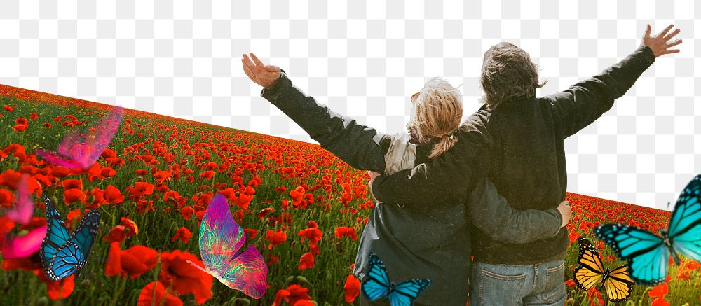 Happy couple png border, flower field remixed media, transparent background