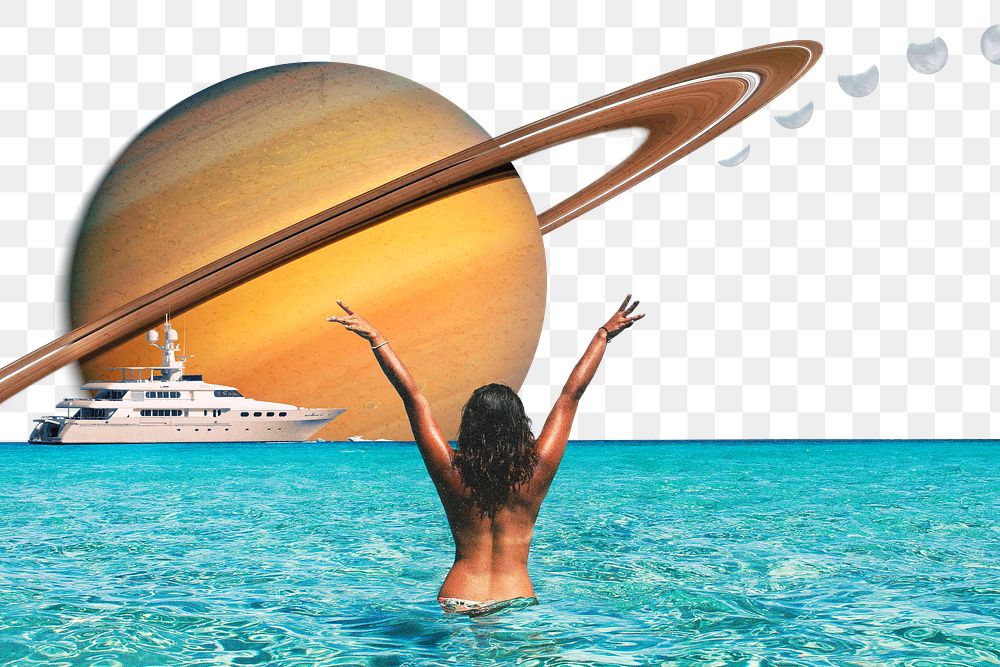 Png summer vacation collage art, Saturn remixed media, transparent background