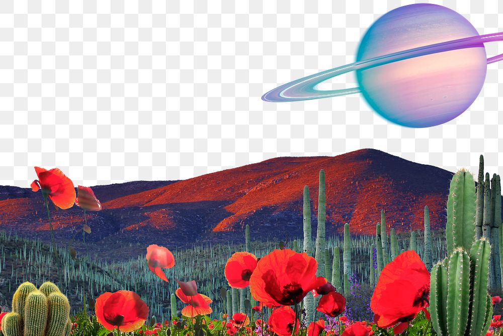 Png surreal landscape border, Saturn, remixed media, transparent background