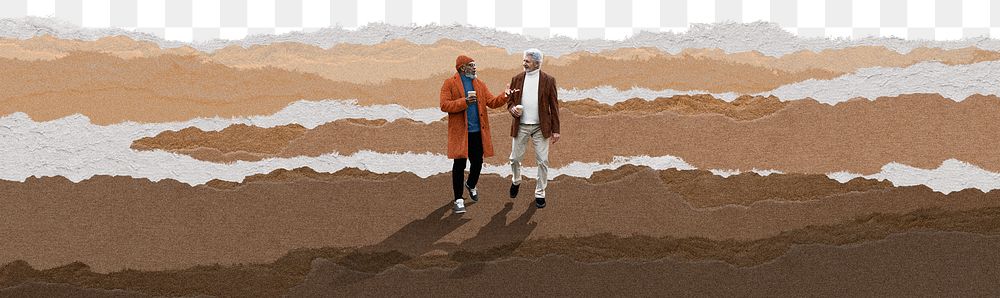 Png elderly couple border, ripped paper remixed media, transparent background
