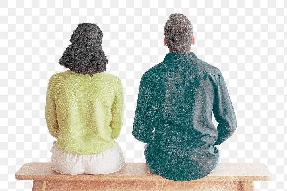 Couple sitting png sticker, vintage illustration, transparent background