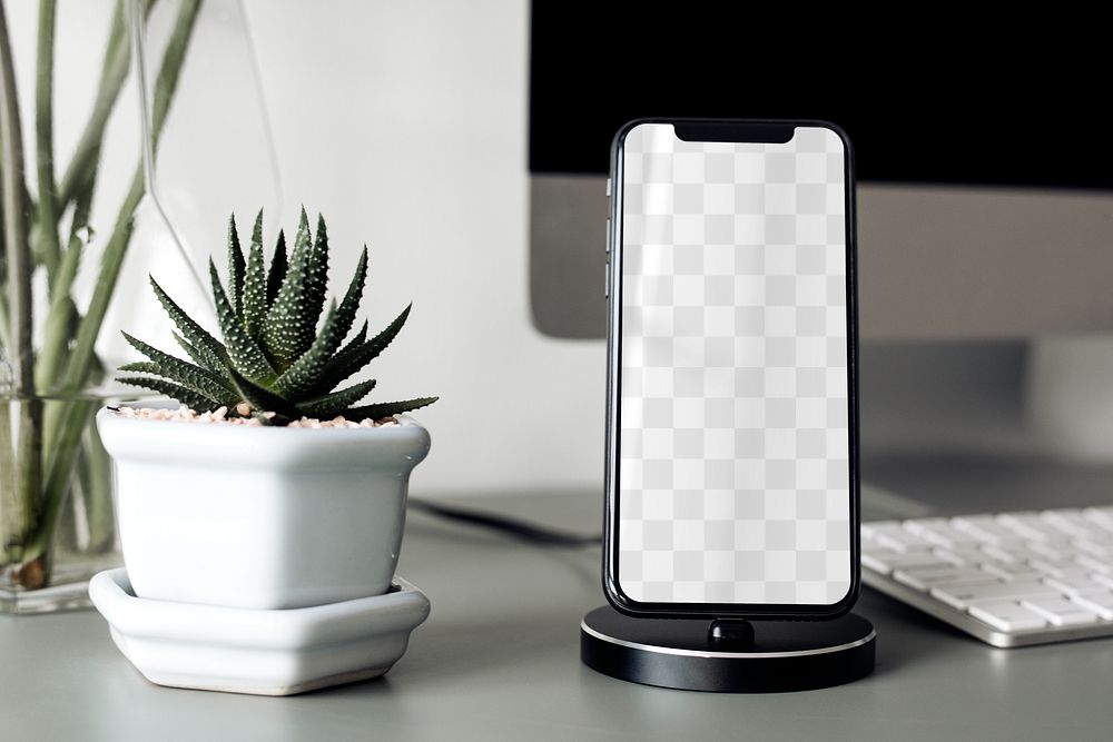 Smartphone png mockup screen, desk, transparent design