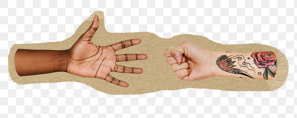 Png hands playing rock-paper-scissors sticker, ripped paper on transparent background