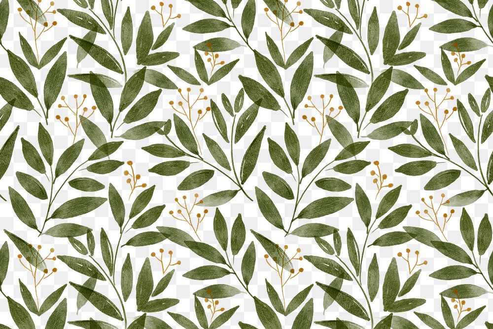 Watercolor leaf png pattern, transparent background